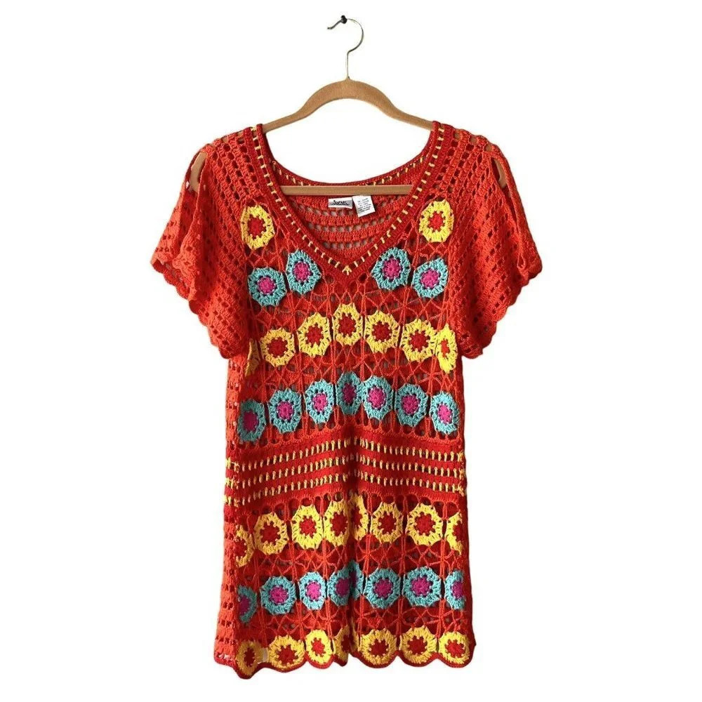 Ivy Jane Crochet Tunic Top Multicolor Short Sleeve Floral Boho Hippie Festival S - Picture 2 of 4